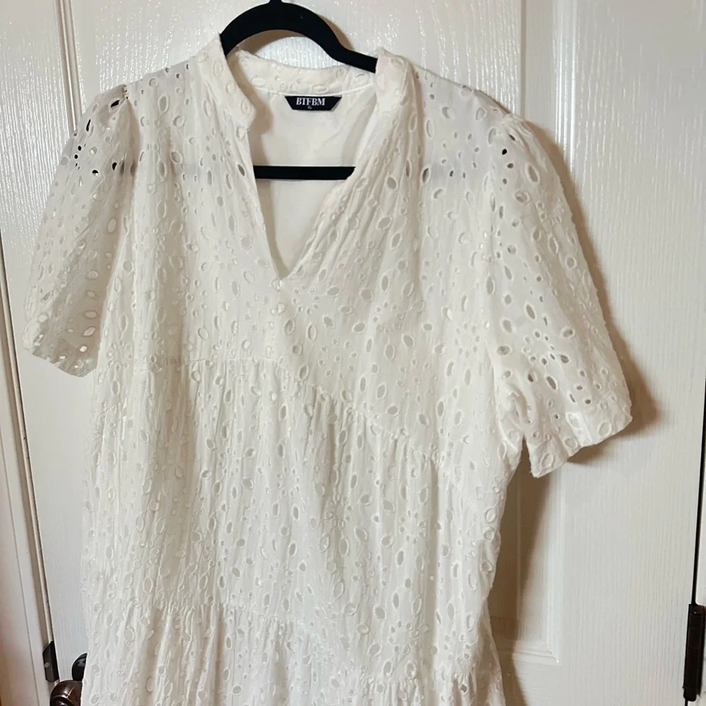 BTFBM size XLarge Boho Dress Resort V Neck Short Sleeve White Cut Out Lace $58 - Picture 8 of 10